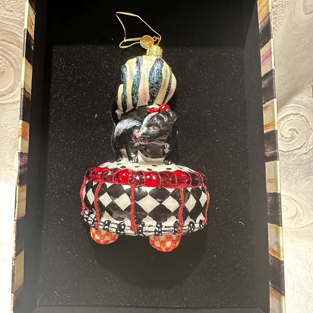 MacKenzie-Childs Glass Black and White Skunk Ornament with Red Accents - Picture 7 of 7
